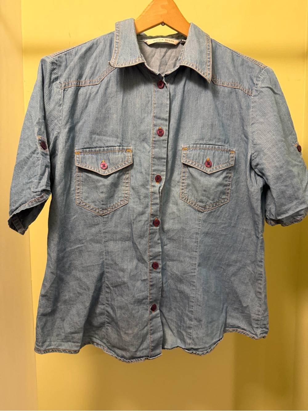 Krizia light blue short sleeve button down shirt size 14 US